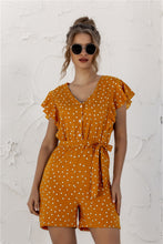 Load image into Gallery viewer, Ruffled Polka Dot Half Button Romper
