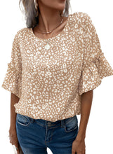 Load image into Gallery viewer, Leopard Round Neck Frill Trim Blouse (2 Colors Available)
