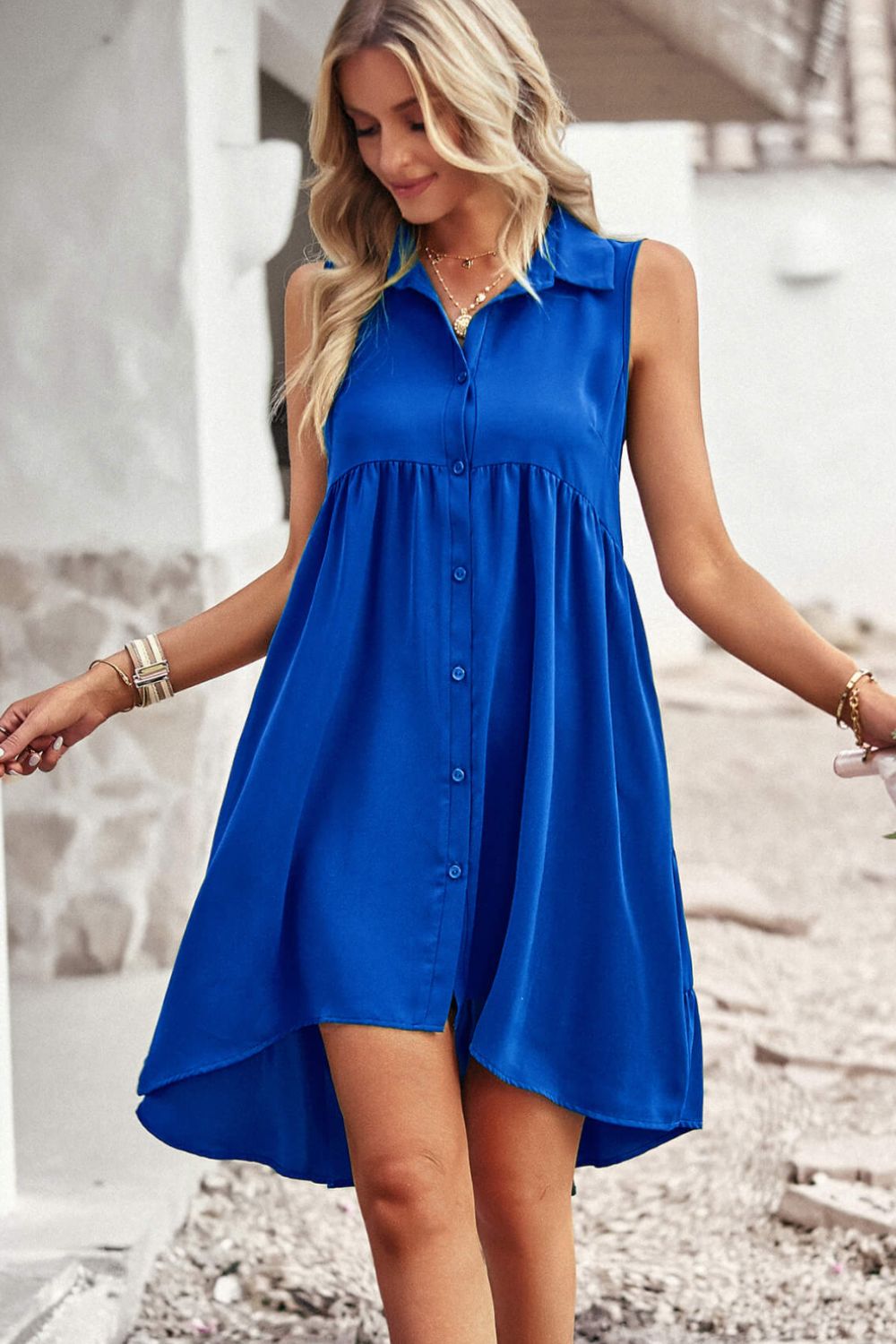 Button Down Collared Sleeveless Dress (4 Colors Available)