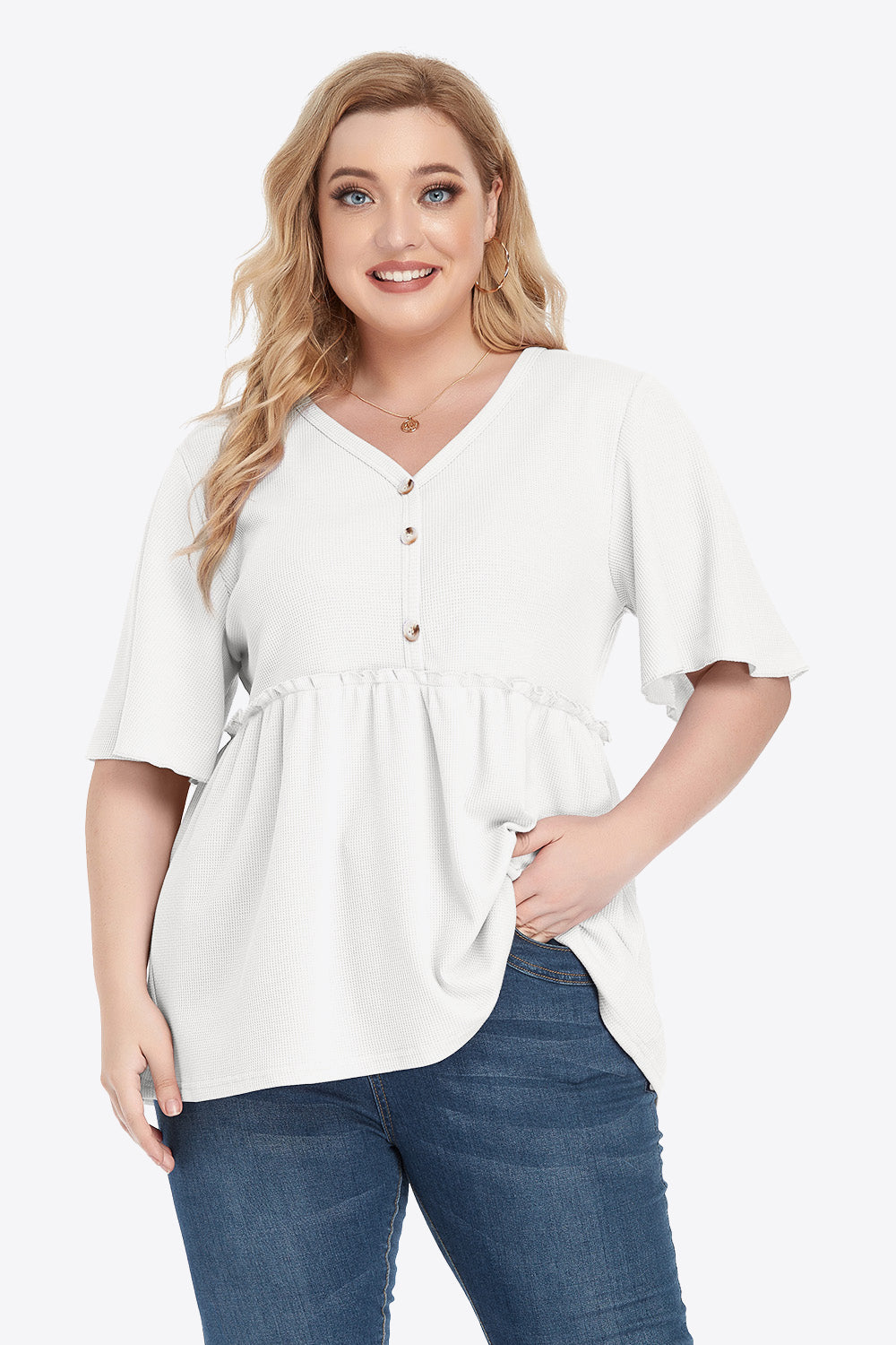 Plus Size Buttoned V-Neck Frill Trim Babydoll Blouse (Available in 5 Colors)