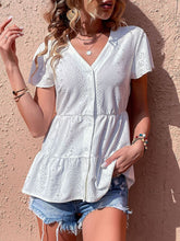 Load image into Gallery viewer, Button Front Eyelet Flutter Sleeve Tiered Blouse
