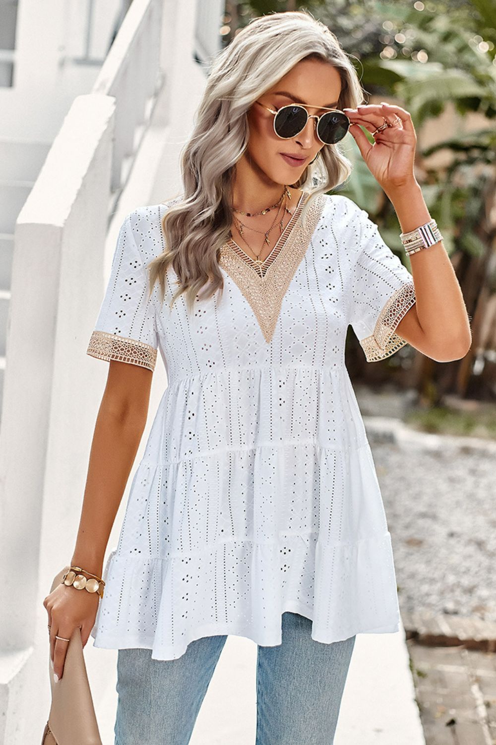 Contrast Short Sleeve Tiered Blouse (4 Colors Available)