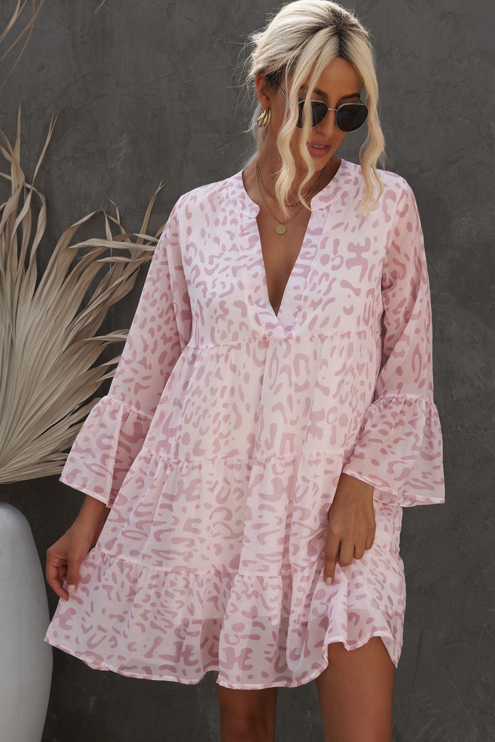 Printed Notched Neck Flare Sleeve Tiered Dress (3 Styles Available)