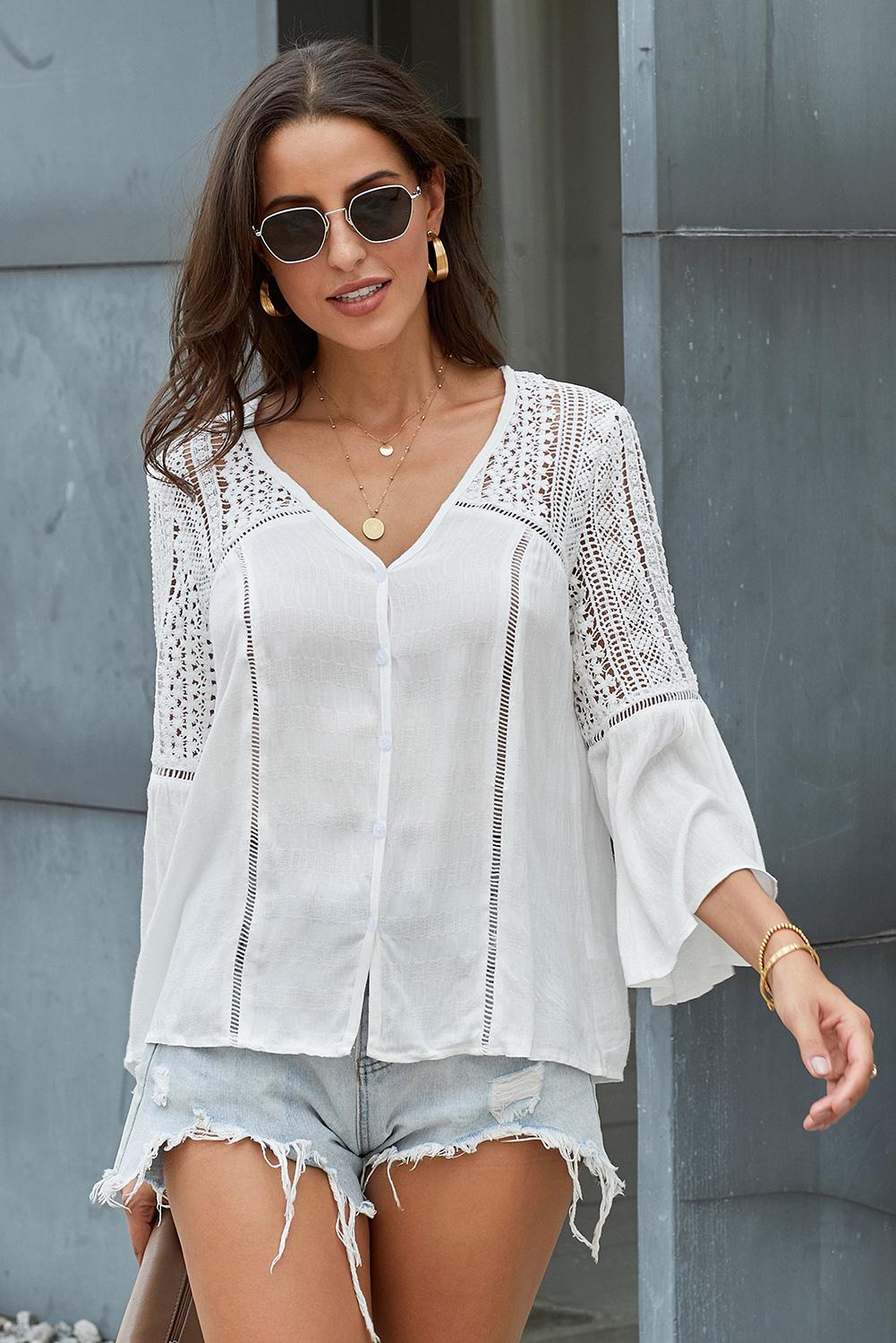 Flare Sleeve Spliced Lace V-Neck Shirt (Available in 5 Colors)