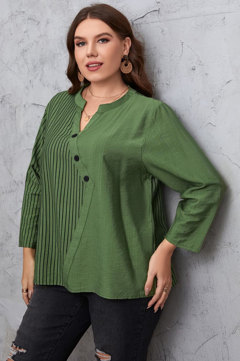 Plus Size Striped Notched Neck Top (Available in Green and Black)