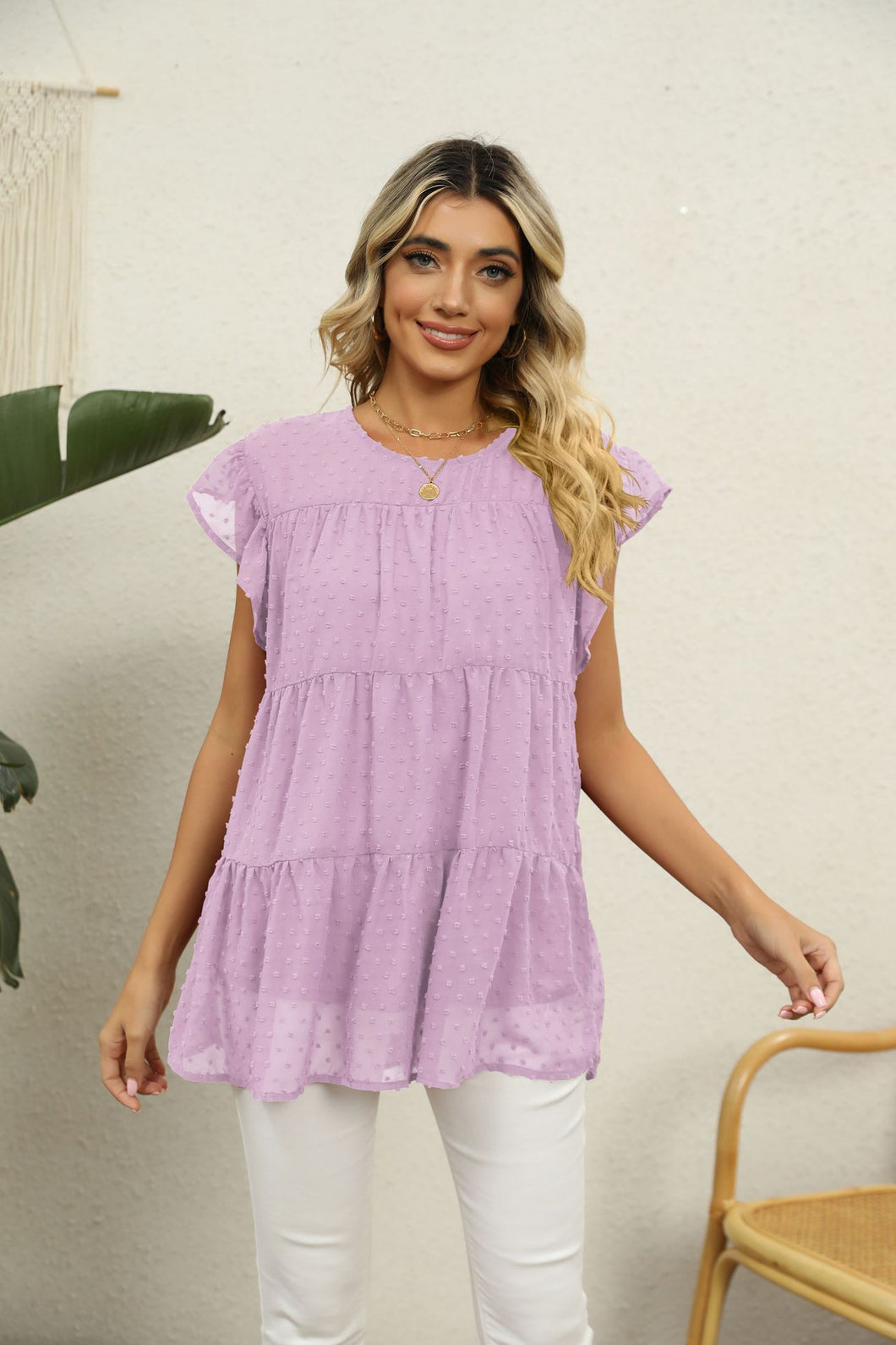 Swiss Dot Round Neck Tiered Blouse (8 Colors Available)