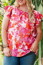 Load image into Gallery viewer, Plus Size Floral Flutter Sleeve Round Neck Blouse
