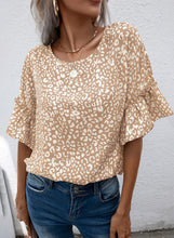 Load image into Gallery viewer, Leopard Round Neck Frill Trim Blouse (2 Colors Available)
