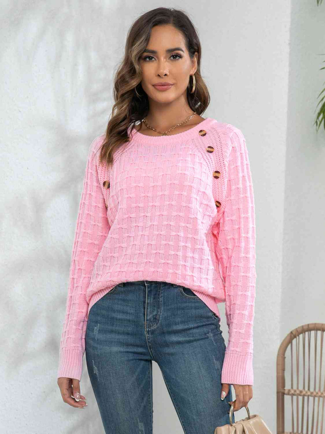 Decorative Button Long Sleeve Sweater (Available in White and Pink)