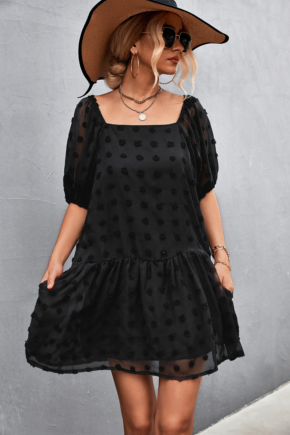 Swiss Dot Square Neck Half Balloon Sleeve Dress (3 Colors Available)