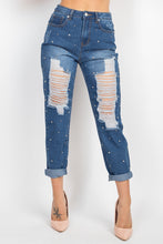 Load image into Gallery viewer, Rhinestones Ripped-front Denim Jeans
