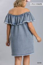 Load image into Gallery viewer, Off Shoulder Ruffled Denim Dress With Frayed Hem &amp; Pockets
