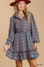 Load image into Gallery viewer, Collared neckline button down floral print dress with crochet trimmed details
