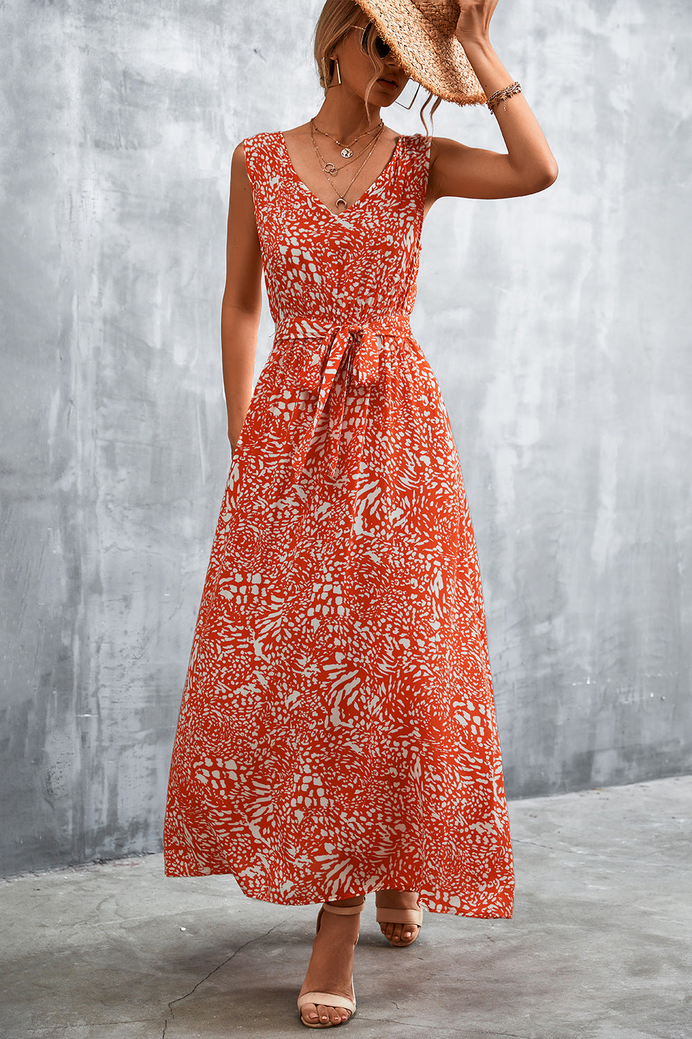 Printed V-Neck Tie Waist Maxi Dress (3 colors Available)