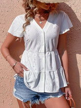Load image into Gallery viewer, Button Front Eyelet Flutter Sleeve Tiered Blouse
