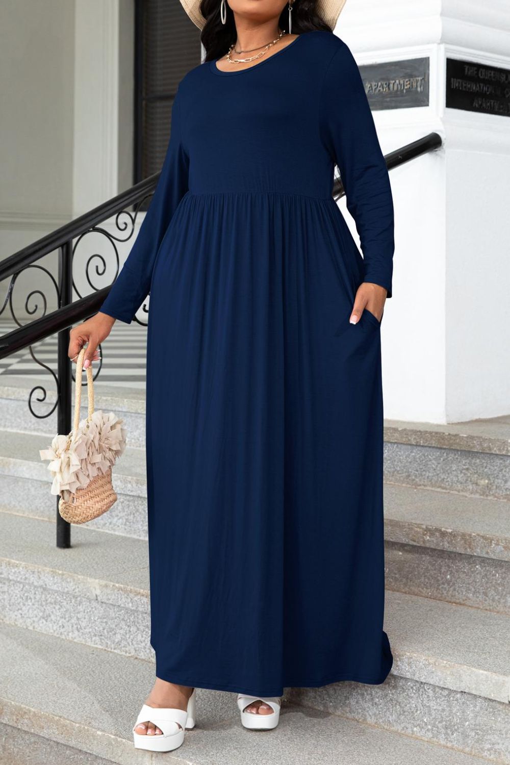 Plus Size Round Neck Long Sleeve Maxi Dress with Pockets (2 Colors Available)