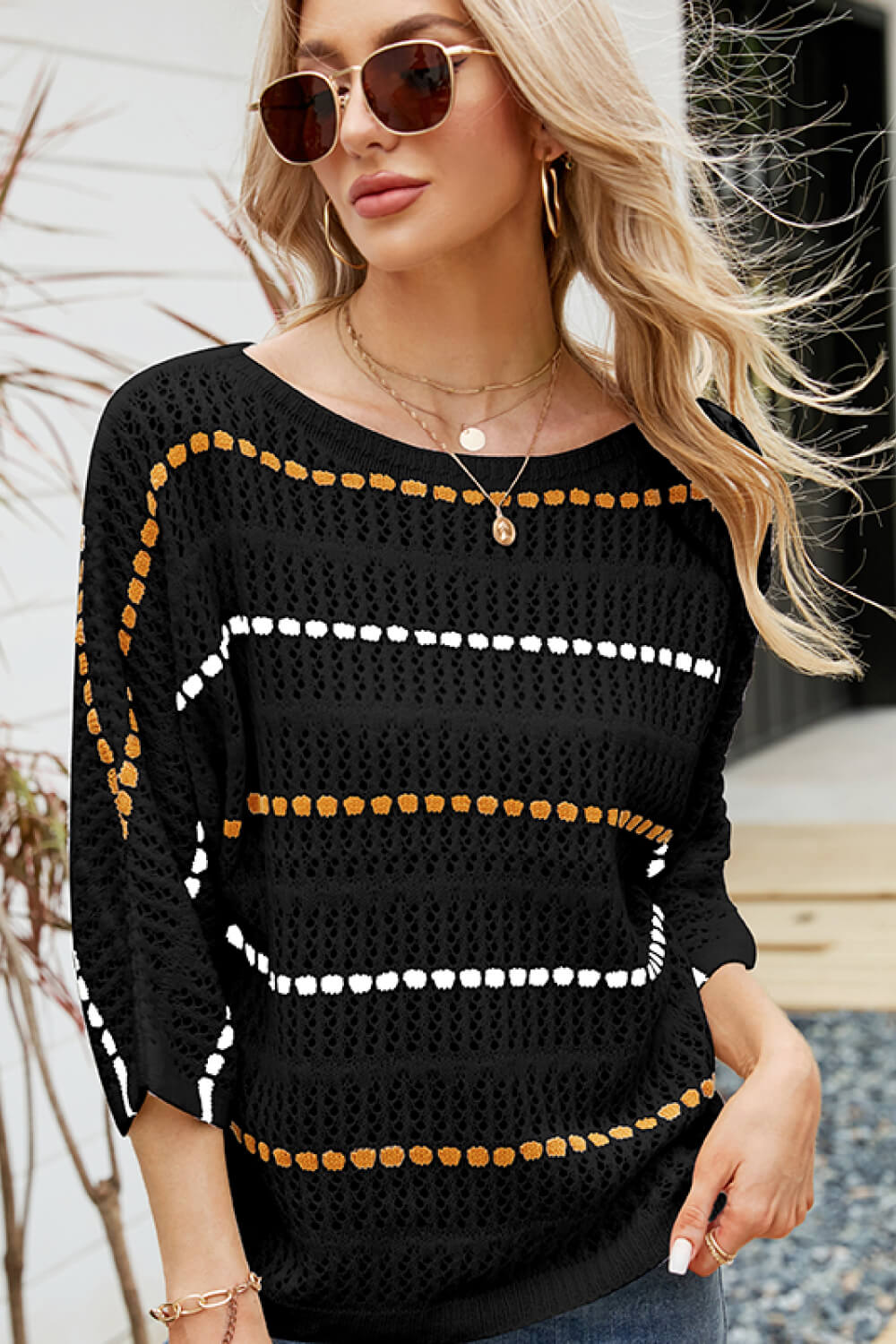 Striped Openwork Three-Quarter Sleeve Knit Top (2 Styles Available)