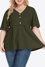 Load image into Gallery viewer, Plus Size Buttoned V-Neck Frill Trim Babydoll Blouse (Available in 5 Colors)
