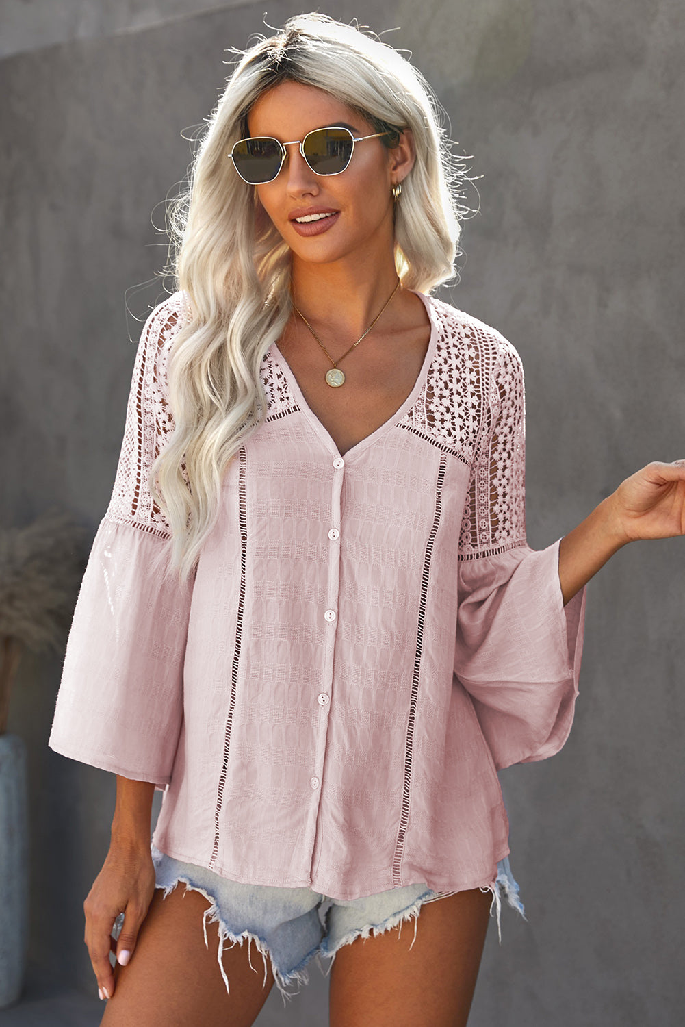 Flare Sleeve Spliced Lace V-Neck Shirt (Available in 5 Colors)