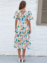 Load image into Gallery viewer, Printed Tie-Waist V-Neck Flutter Sleeve Dress
