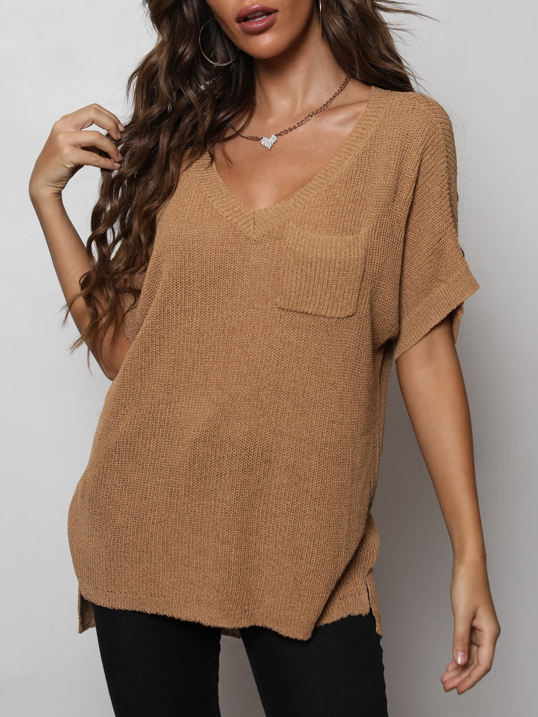 V-Neck Slit High-Low Knit Top  (Also available in Black)