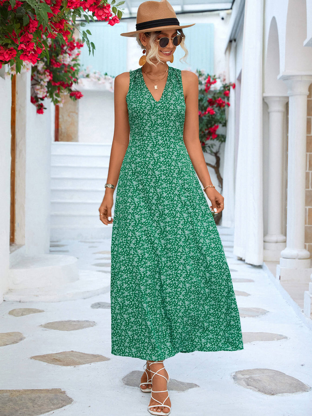 Printed Open Back Sleeveless Maxi Dress (Available in Black and Green)